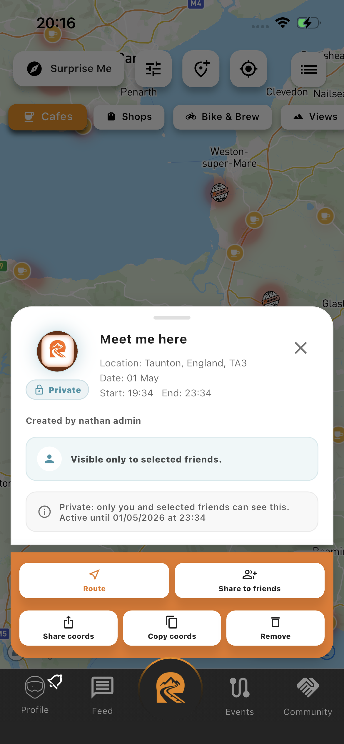Routero private meetup sheet with route and share actions